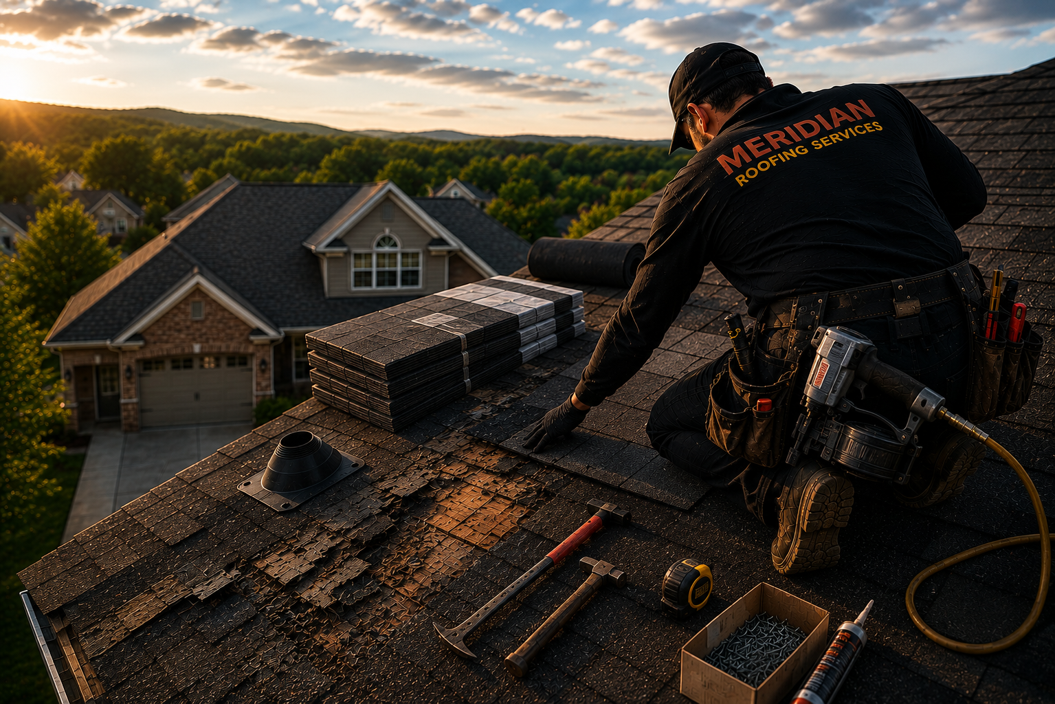 Meridian Roofing Services technician repairing a shingle roof in Montana