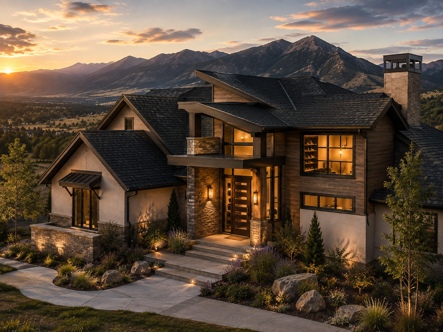 Manhattan Montana home with a dark shingle roof and open Gallatin Valley views