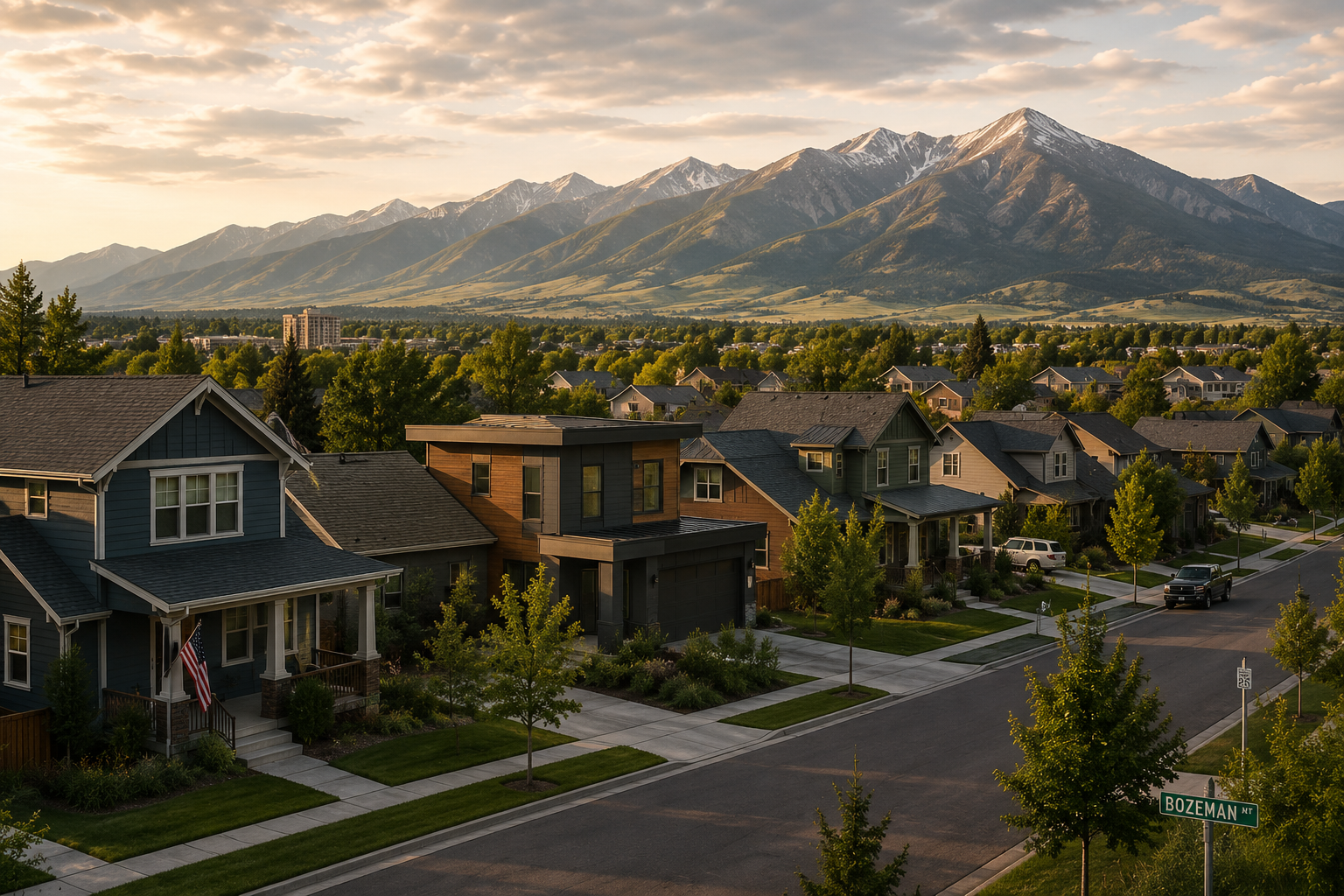 Bozeman Montana suburban neighborhood with residential roofs and Bridger Mountains