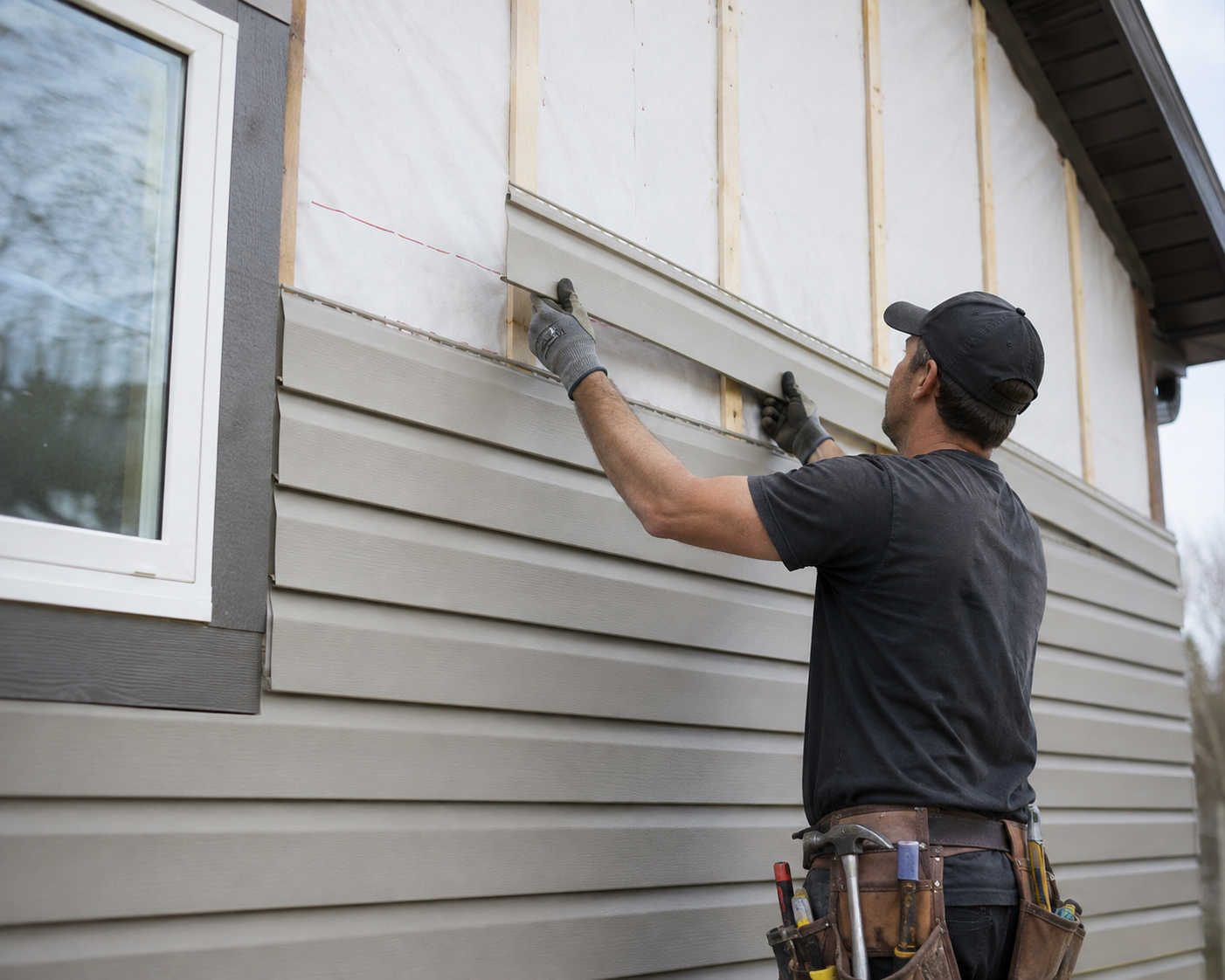 Meridian Roofing Services technician installing exterior siding on a Montana home